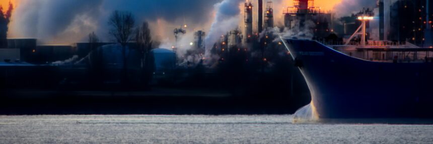 A factory emits thick smoke and pollution against a vibrant sunset, highlighting industrial impact on the environment.