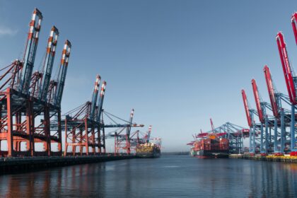 Panoramic view of Hamburg's bustling container terminal highlighting cranes and cargo ships.