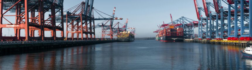 Panoramic view of Hamburg's bustling container terminal highlighting cranes and cargo ships.